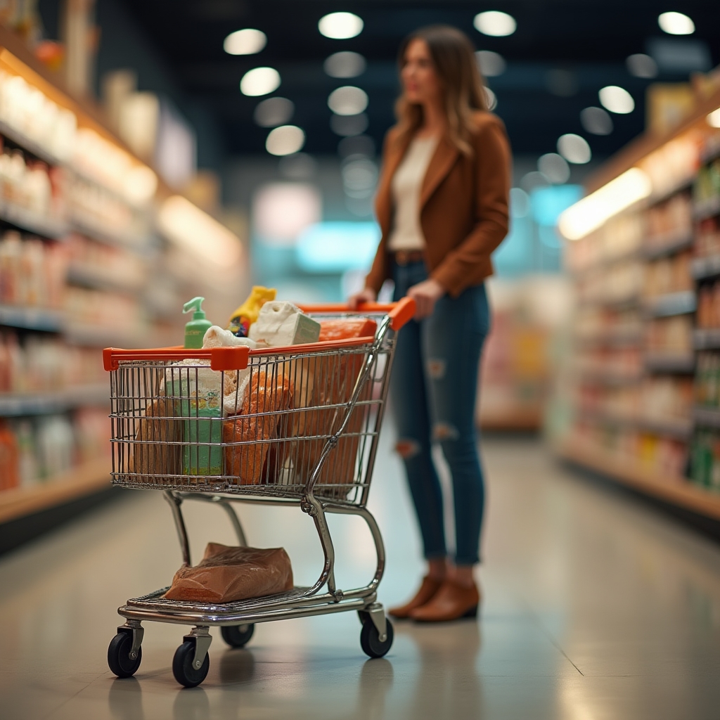 Nahaufnahme eines Einkaufswagens mit Produkten, symbolisch für spontane Kaufentscheidungen
