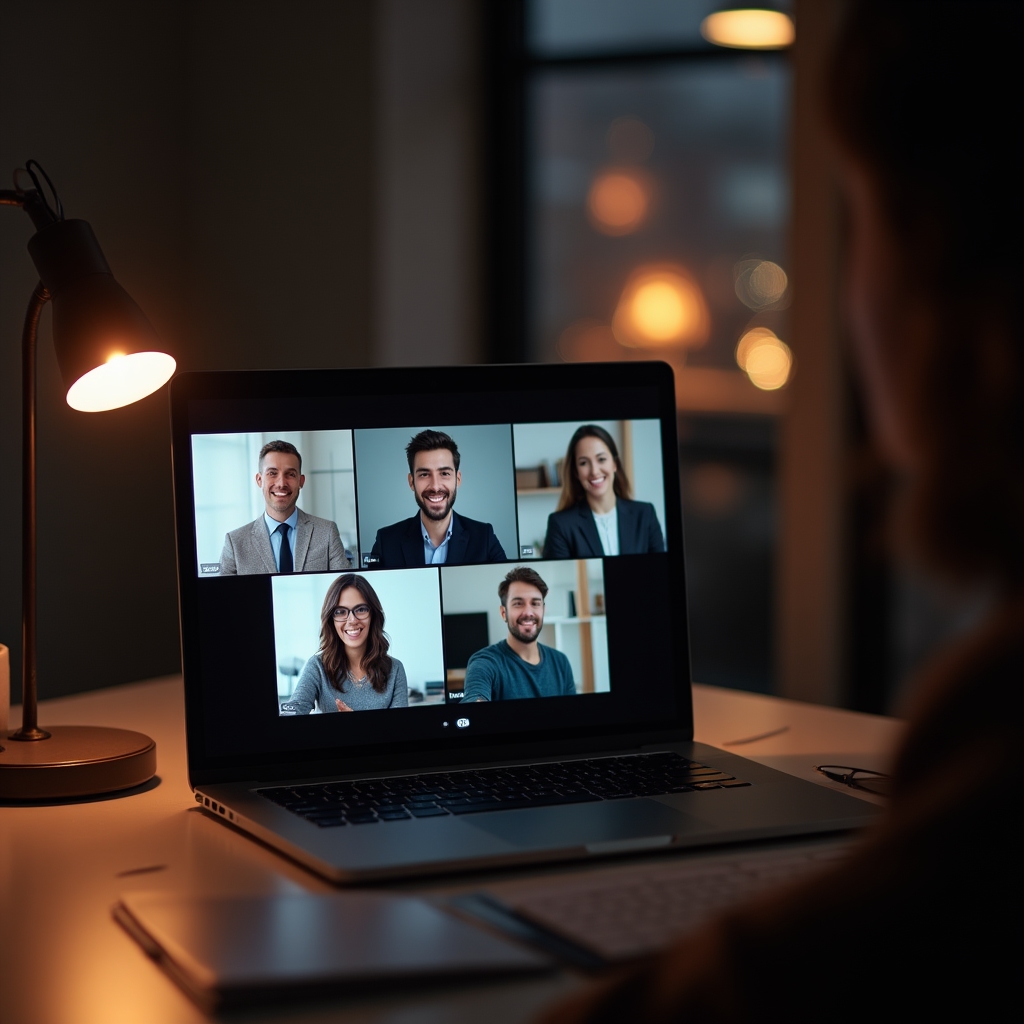 Laptop-Bildschirm zeigt eine laufende Videokonferenz mit mehreren Teilnehmenden