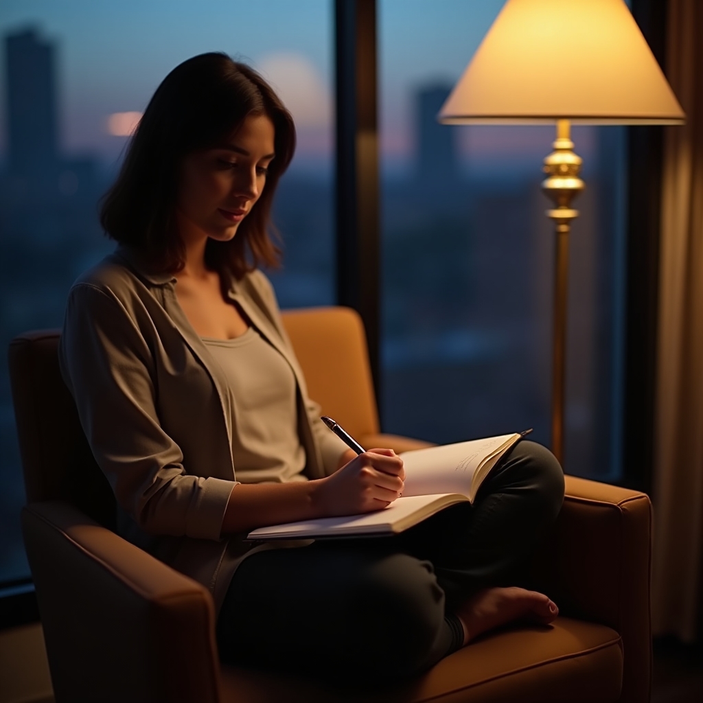 Person schreibt abends in ein Notizbuch am Schreibtisch, ruhige Reflexion über den Tag