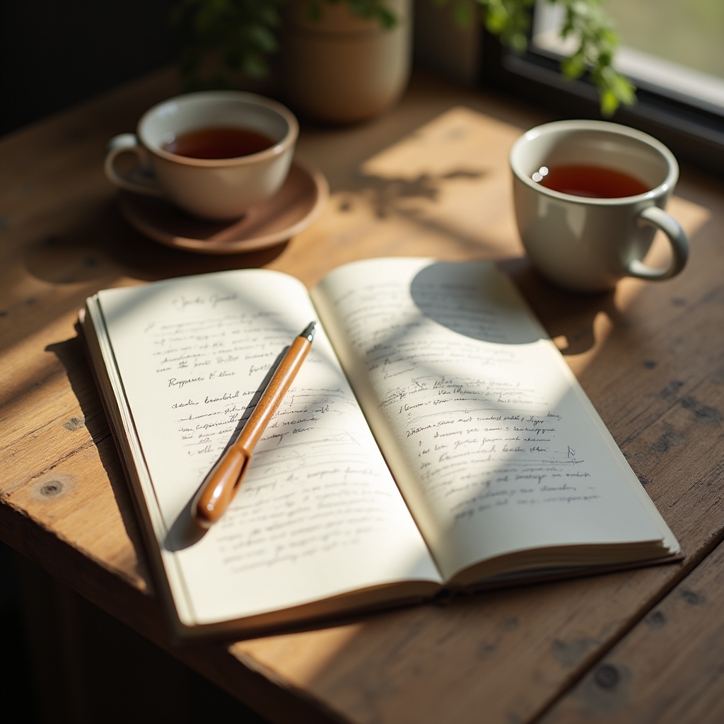 Aufgeschlagenes Arbeitsheft mit Notizen und Stift auf einem Holztisch